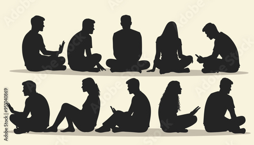 Silhouettes of men and women sitting and using electronic devices, illustrating modern communication.