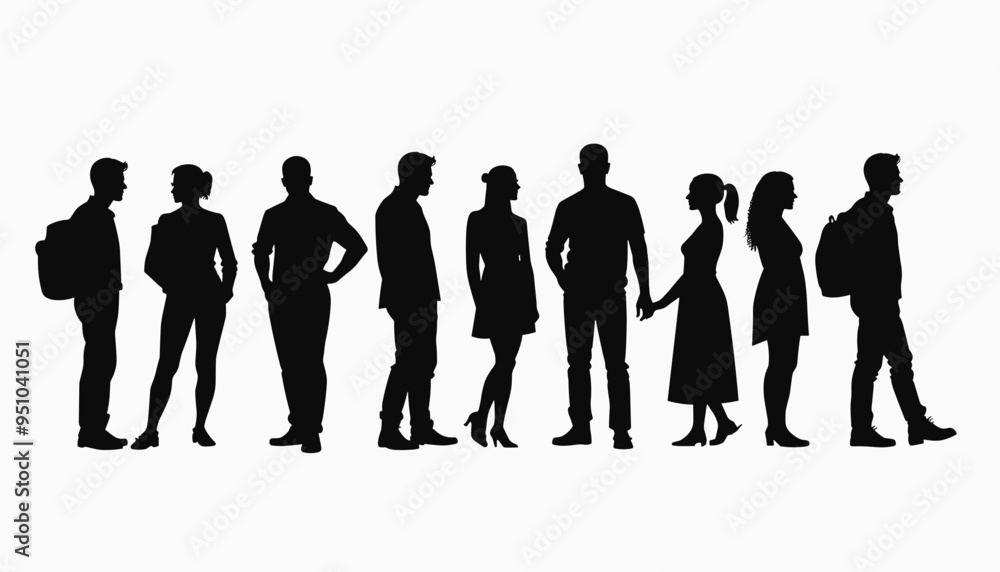 Silhouettes of diverse people standing in a row against a white background. Silhouettes of diverse people standing in a row against a white background.