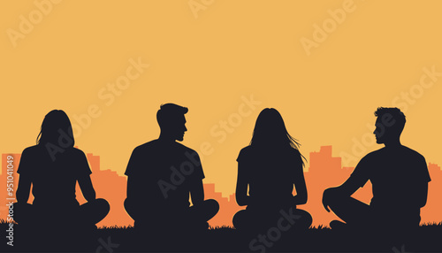 Silhouettes of four young adults sitting on grass against an orange urban sunset background.