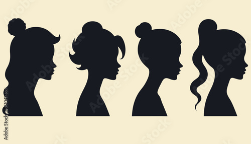 Silhouettes of four women with different hairstyles against a light background.