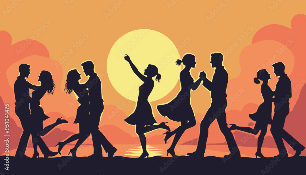 Silhouettes of couples dancing at sunset with a vibrant orange sky in the background. Silhouettes of couples dancing at sunset with a vibrant orange sky in the background.