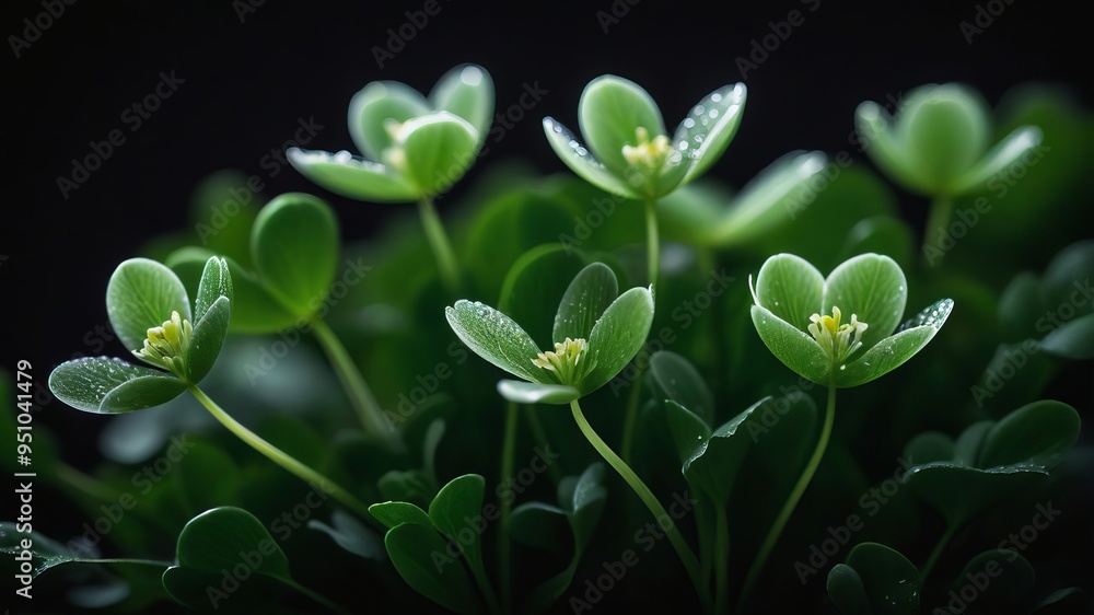 Beautiful green grass with dew drops, blooming flowers, and fresh leaves in a vibrant spring garden Beautiful green grass with dew drops, blooming flowers, and fresh leaves in a vibrant spring garden