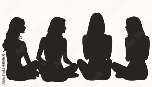 Silhouettes of four women sitting cross-legged in a relaxed pose against a neutral background.