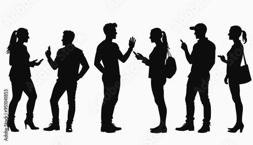 Silhouettes of young adults engaged in various activities, including talking on phones and conversing with each other.
