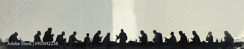 A minimalist painting of the Last Supper, with Jesus and his disciples appearing as silhouettes against a soft gray background, emphasizing the intimacy of the moment.