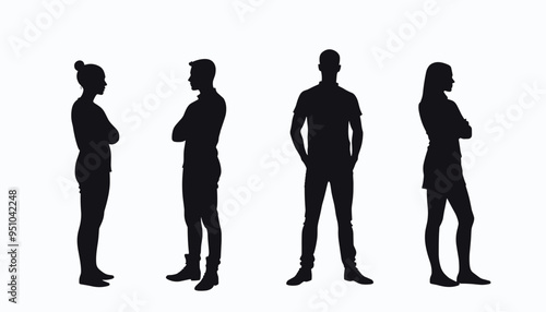 Silhouettes of two men and two women standing in different poses against a white background.