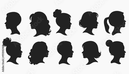 Silhouettes of women with various hairstyles and profiles on a plain background.