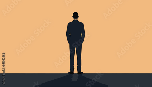Silhouette of a man in a suit standing against a solid peach background.