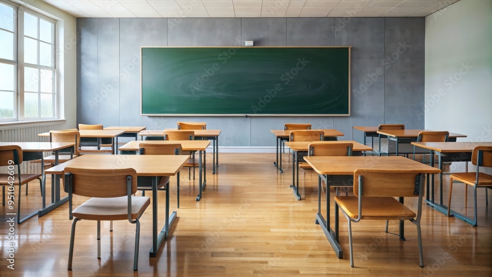 Empty classroom with blackboard, wooden table, and chairs Empty classroom with blackboard, wooden table, and chairs