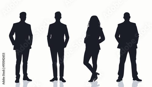 Silhouettes of four business professionals, two men and two women, standing confidently in a line.