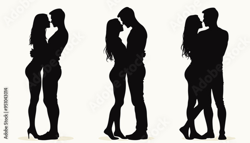 Silhouettes of a couple in various intimate embraces against a plain background.