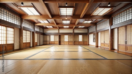 Spacious room with traditional interior for martial arts practicing in a dojo or karate school hall setting, perfect for indoor backgrounds with copy space