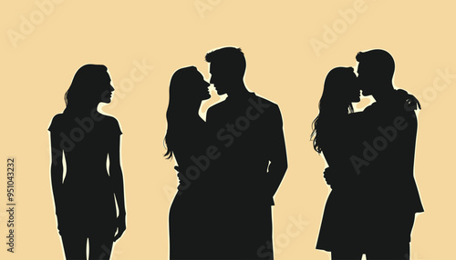 Silhouettes of couples embracing and a lone woman against a beige background.