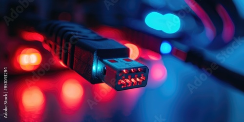 Close-Up View of Ethernet Cables Connected to a Router with Flashing Indicators, Featuring Networking Technology with RJ45 Connectors in a Local Area Network Switch, Illuminated by Neon Red and Blue photo