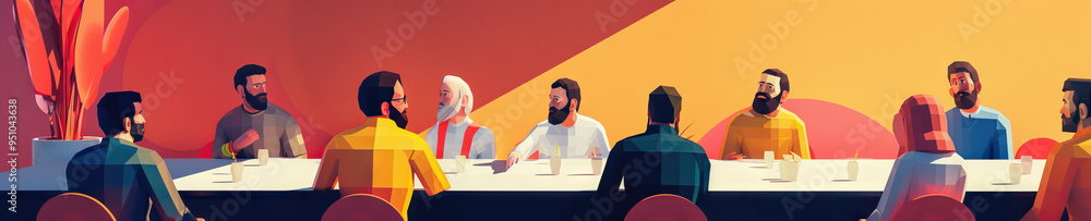 A contemporary interpretation of the Last Supper, using abstract shapes and colors to convey emotion and intimacy between the Apostles. A contemporary interpretation of the Last Supper, using abstract shapes and colors to convey emotion and intimacy between the Apostles.