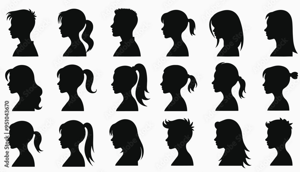 Silhouettes of diverse male and female profiles with various hairstyles in black on a white background. Silhouettes of diverse male and female profiles with various hairstyles in black on a white background.
