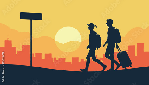 Silhouette of two travelers with backpacks and a suitcase walking towards a city at sunset.