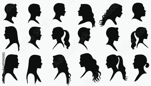 Silhouettes of diverse male and female profiles with various hairstyles on a white background.
