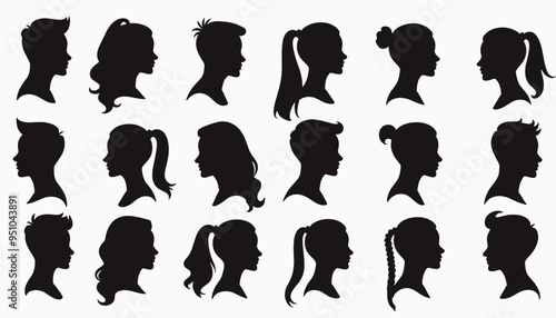 Silhouettes of diverse hairstyles on males and females, showcasing various profiles in black and white.
