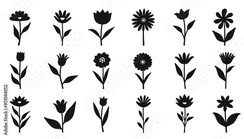 Set of various black floral silhouettes on a white background.