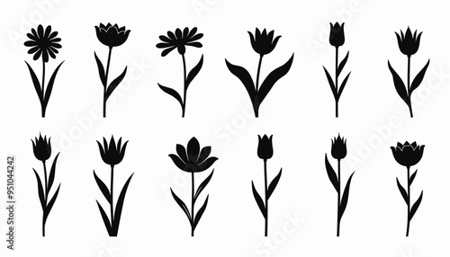 Set of twelve black floral silhouettes featuring various flower types on a white background.