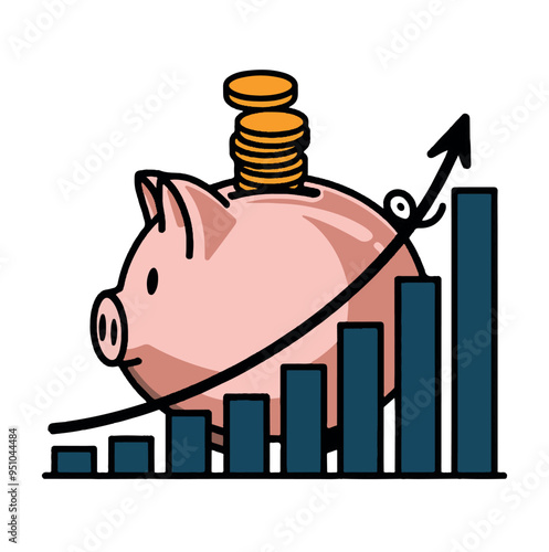a piggy bank with a growing stack of coins inside. The piggy bank is placed on top of a graph that shows thegrowth of retirement savings over time