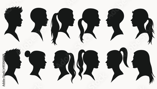 Silhouette collection of diverse male and female profile portraits showcasing various hairstyles.