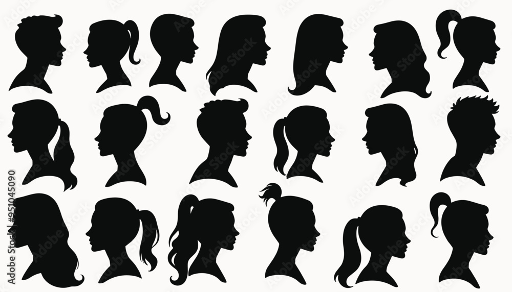 Fototapeta premium Silhouettes of men and women with various hairstyles, including ponytails, updos, and short cuts, in black on a white background.