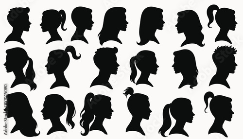 Silhouettes of men and women with various hairstyles, including ponytails, updos, and short cuts, in black on a white background.