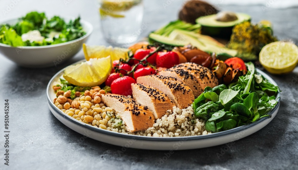 A vibrant weight loss meal features a plate with grilled chicken, leafy greens, avocado, cherry tomatoes, and quinoa, complemented by infused water and a clean kitchen backdrop. A vibrant weight loss meal features a plate with grilled chicken, leafy greens, avocado, cherry tomatoes, and quinoa, complemented by infused water and a clean kitchen backdrop.