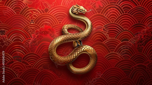 Golden Snake on Red Chinese Pattern Background