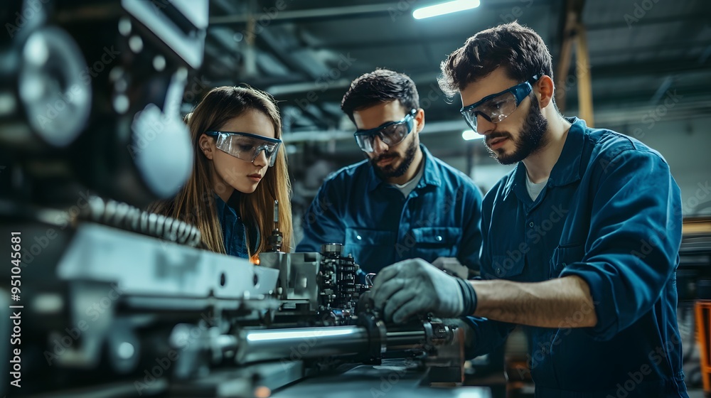 Team of engineers in protective gear working on a machine in an industrial setting, focused on precision and teamwork. Team of engineers in protective gear working on a machine in an industrial setting, focused on precision and teamwork.