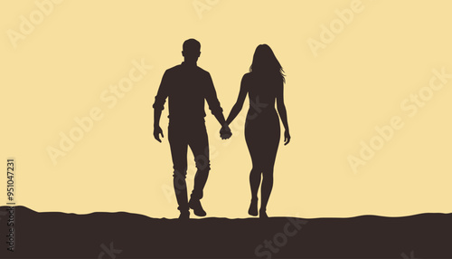 Silhouette of a couple holding hands while walking forward against a yellow background.