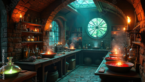 A mystical potion brewing workshop with glowing cauldrons and warm candlelight in a medieval-inspired setting. Generative AI photo