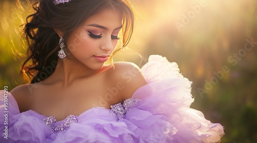 Intimate portrait of a young Mexican woman posing in a lilac quinceañera dress, captured with a Sony α7 III camera using an 85mm lens at F1.2 aperture, featuring dreamlike lighting with soft sunlight 