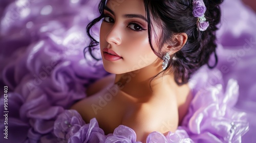 Intimate portrait of a young Mexican woman posing in a lilac quinceañera dress, captured with a Sony α7 III camera using an 85mm lens at F1.2 aperture, featuring dreamlike lighting with soft sunlight 