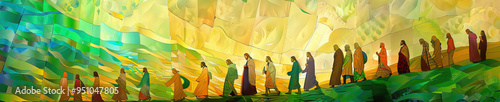 A colorful tapestry of Jesus's journey on the road to Emmaus, incorporating vivid greens, browns, and golds to tell the story.