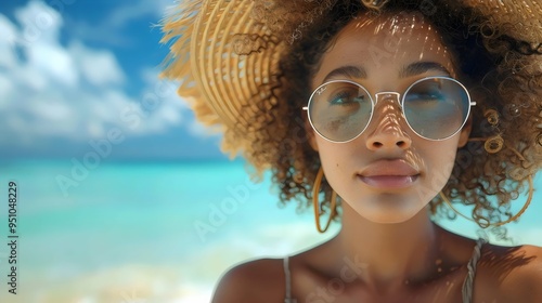 Smiling woman in sunglasses, bikini, and summer hat, enjoying a beach vacation by the ocean