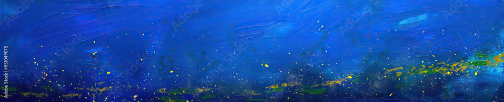 Obraz premium An abstract oil painting of Jesus's parable of the mustard seed, with tiny specks of yellow and green scattered across a deep blue background.