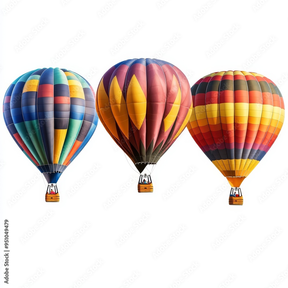 Fototapeta premium Colorful hot air balloons soaring in the sky, adventure, travel, freedom, clipart, white background, high quality