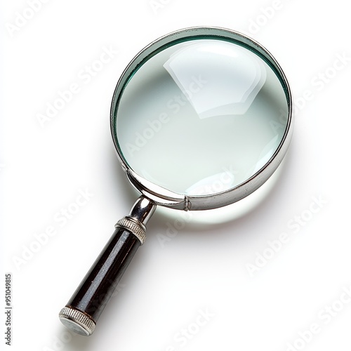 Crystal clear magnifying glass, investigation, detective, search, clipart, white background, high quality