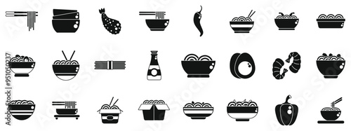 Udon noodles icons set. This set of icons shows various bowls containing ramen noodles with chopsticks, shrimps, eggs and peppers