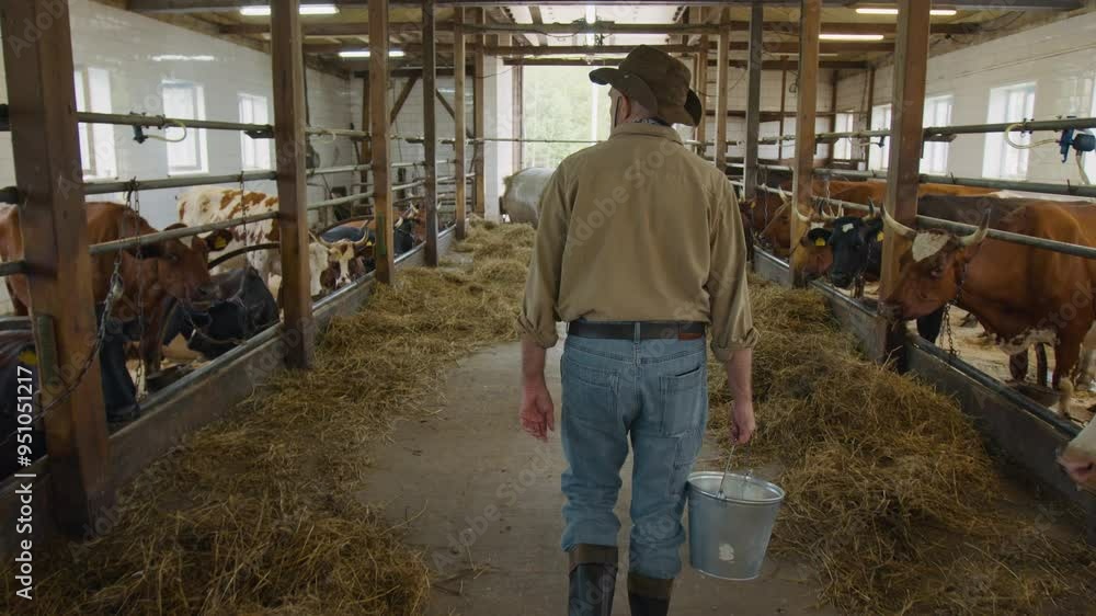 Medium full follow shot of elderly male worker in rubber boots walking through cow barn, carrying bucket of feed, watching cows ruminating on hay, during workday at organic farm Medium full follow shot of elderly male worker in rubber boots walking through cow barn, carrying bucket of feed, watching cows ruminating on hay, during workday at organic farm