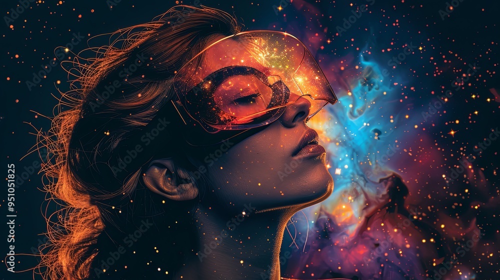 Obraz premium A woman is exploring space in VR glasses. A virtual researcher of cyberspace