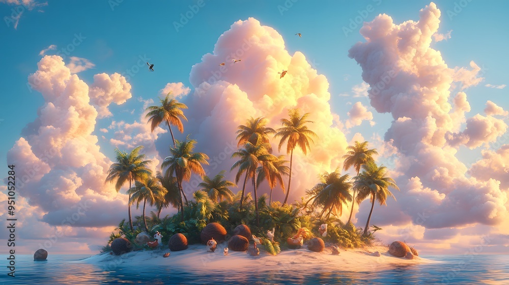 Fototapeta premium tropical island with palm trees at sunset