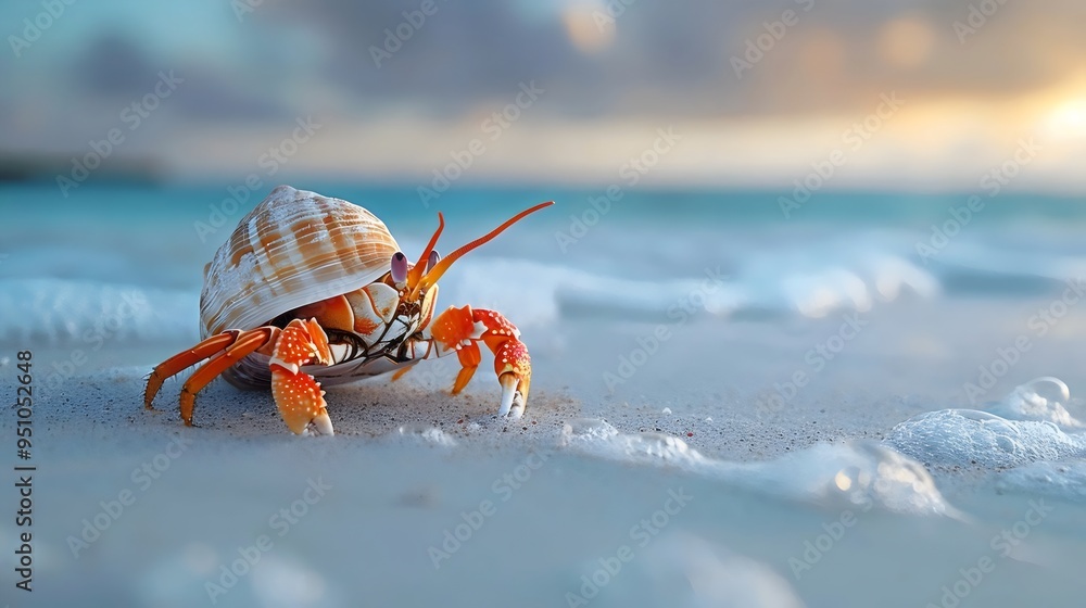 Red hermit crab emerging from seashell on white sandy beach, ocean waves in background Red hermit crab emerging from seashell on white sandy beach, ocean waves in background