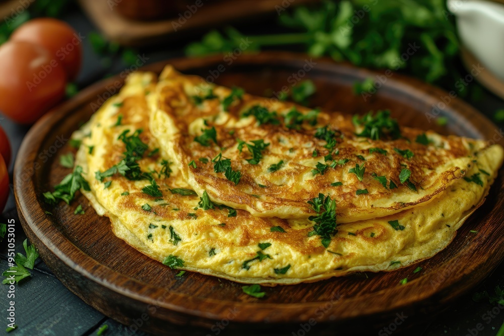 A delicious omelette with fresh herbs. Perfect for illustrating breakfast recipes or food blogs. A delicious omelette with fresh herbs. Perfect for illustrating breakfast recipes or food blogs.