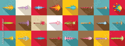 Laser gun shots icons set. Collection of cartoon magic spell trajectory icons showing different fantasy attacks
