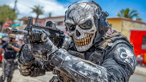 Ghost Soldier: A menacing close-up of a masked soldier in full tactical gear, armed with a rifle and staring intently down the sights, ready for action. The skull mask adds an air of mystery and dange