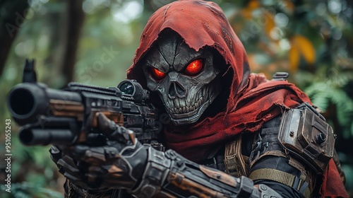 The Skull Soldier: A menacing figure in a red hood and a skull mask, armed with a futuristic shotgun, stands amidst a dense forest, ready for action. The eerie glow in the eyes, combined with the intr photo